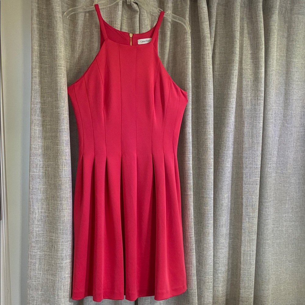 Calvin Klein Red High-Neck Pleated Mini Dress